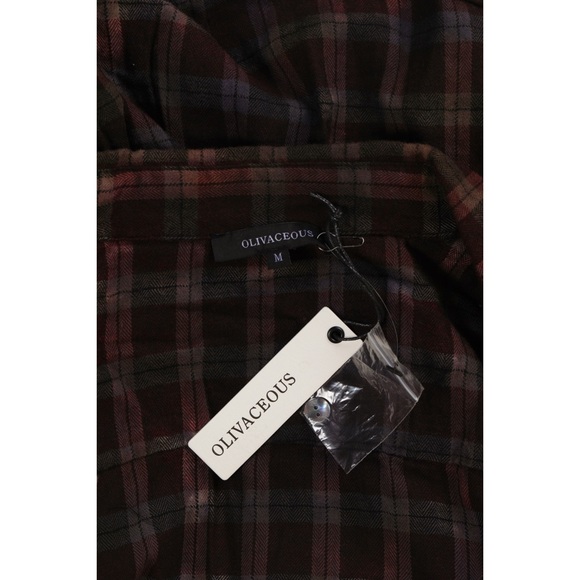 Sz M Olivaceous Cropped Burgundy & Grey Plaid Long Sleeve Button Down NWT - Picture 4 of 4